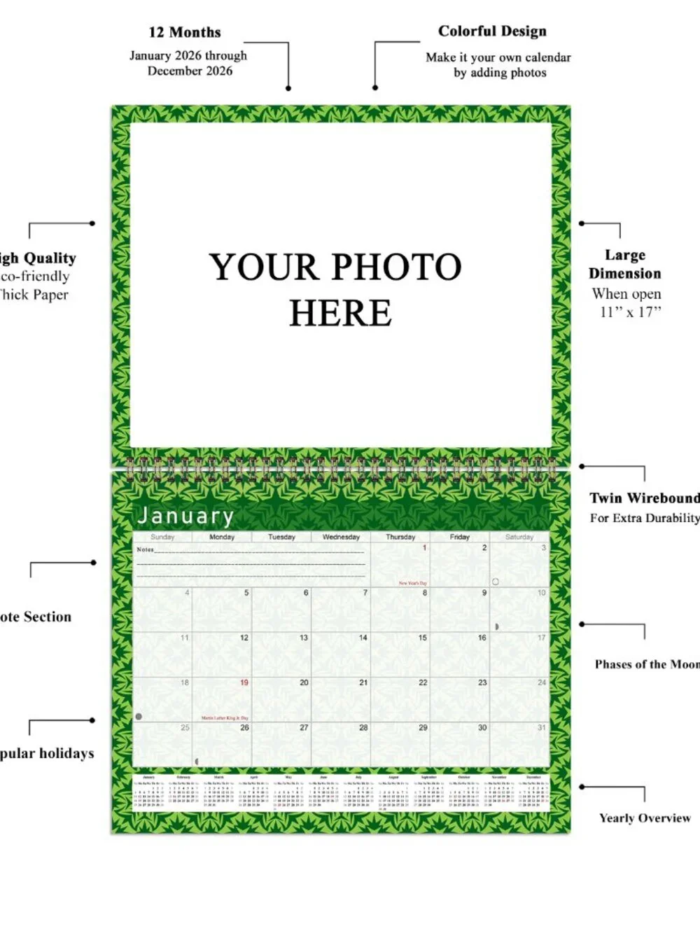 Personalized Custom 2027 Wall Calendar Spiral-bound - 12 Months. 11 x 8in. #06